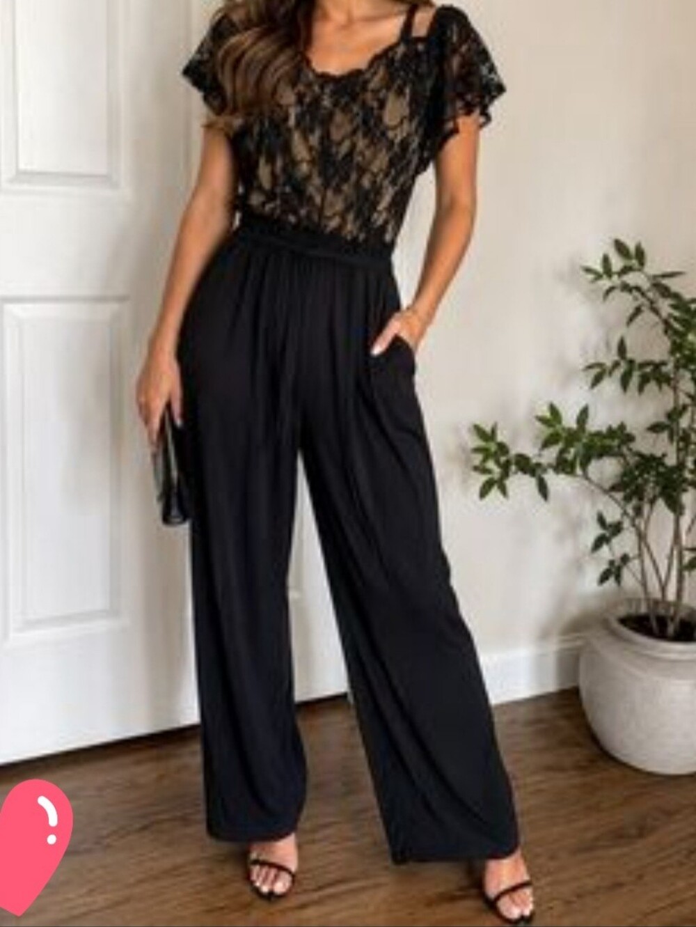 Emma & Michele Black Lace Overlay Cold Shoulder Wide-Leg Pantsuit (NO POCKETS)